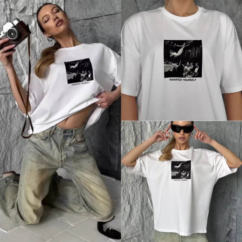 

Print T-Shirt Women Y2K Aesthetic Cartoon T-shirt 100% Cotton Loose O-Neck Short Sleeve Tee Cute Casual Summer Top Men Girl New