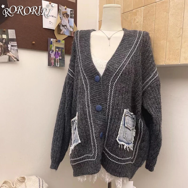 RORORIRI Retro Stitch Denim Pockets Cardigan Sweater Women Long Sleeves V-neck Loose Knitted Jumper Top Lounge Casual Clothes