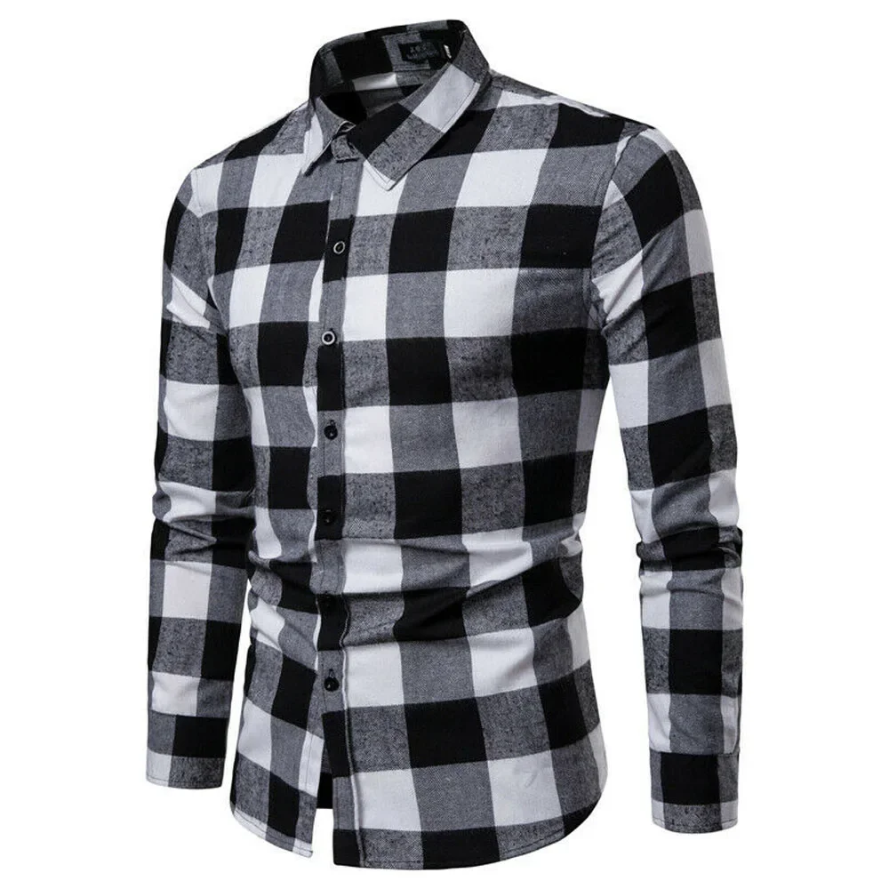 Men\'s Plaid Long Sleeve Shirts Business Dress Shirt Tops Slim Fit Formal Shirts