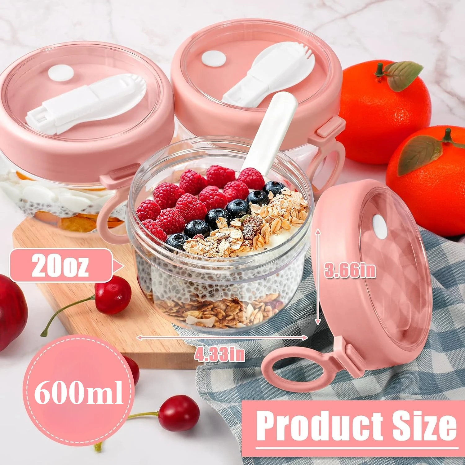 Overnight Oats Container with Lids and Spoons, 600ml Plastic Overnight Oats Jars Large Capacity Airtight Yogurt Container