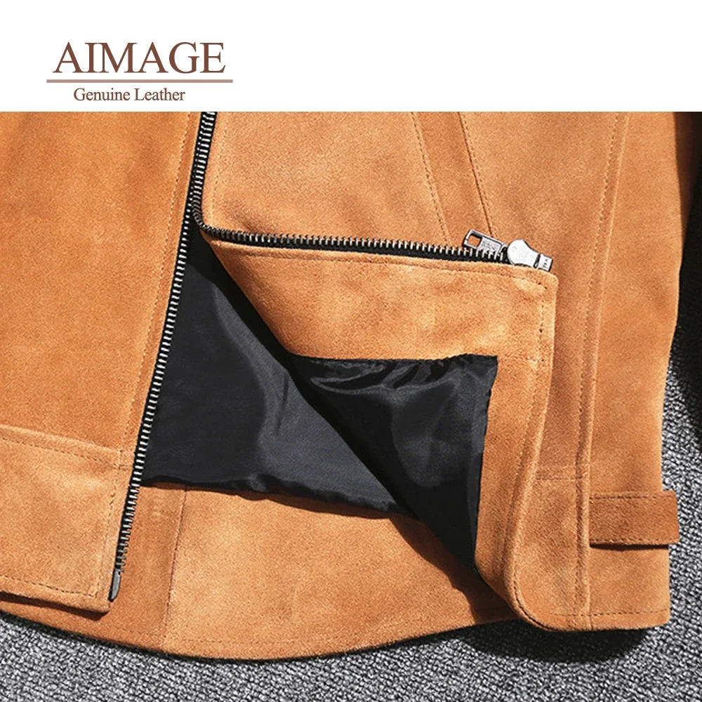 AIMAGE-Veste Pilote Vintage Marron en Cuir de Vache group, Manteau en Daim PY139