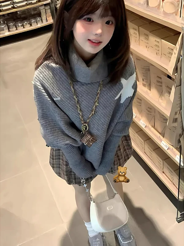 

Свободный женский свитер с высоким воротником, оверсайз, удобный, осенне-зимний, асимметричный вязаный топ для девушек больших размеров