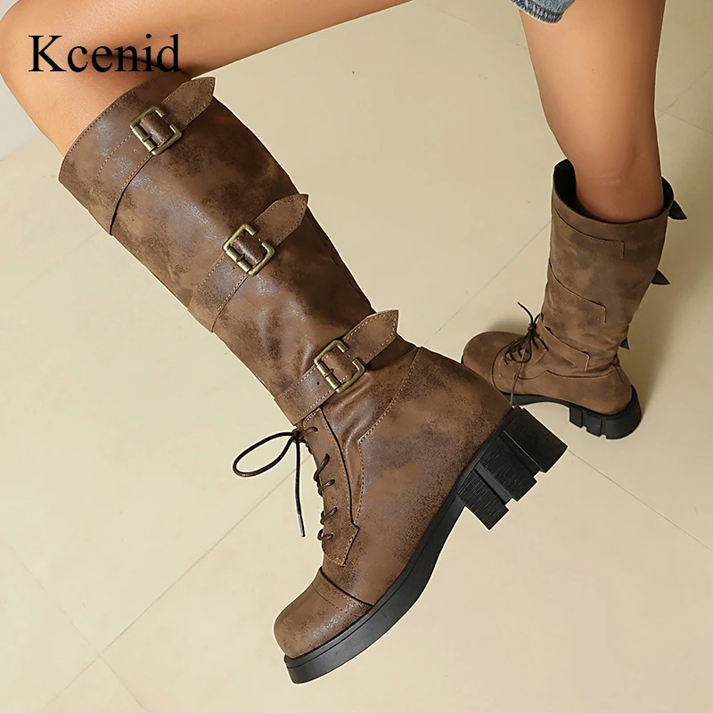 

Kcenid/модные уличные стильные рыцарские сапоги до колена на квадратном каблуке, зимние женские мотоциклетные ботинки на платформе с круглым носком, размер 34-43