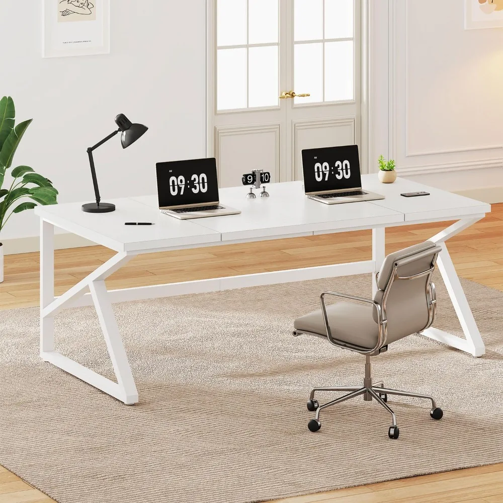 

Large White Desk, Wooden and Metal 70 Inch Computer Desk, Modern Extra Long Double Desks for Home Office Executive Writing Stud