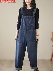 2023 New Vintage Loose Denim Jumpsuit Women Autumn Streetwear Pockets Cargo Baggy Pants Wide Leg Straps Jeans Ladies Overalls