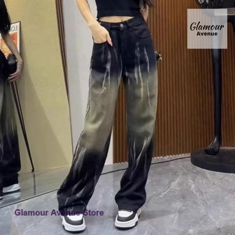 

Американские ретро джинсы с высокой талией, окрашенные в галстук, женские осенне-зимние новые модные дизайнерские нишевые прямые брюки для мытья полов