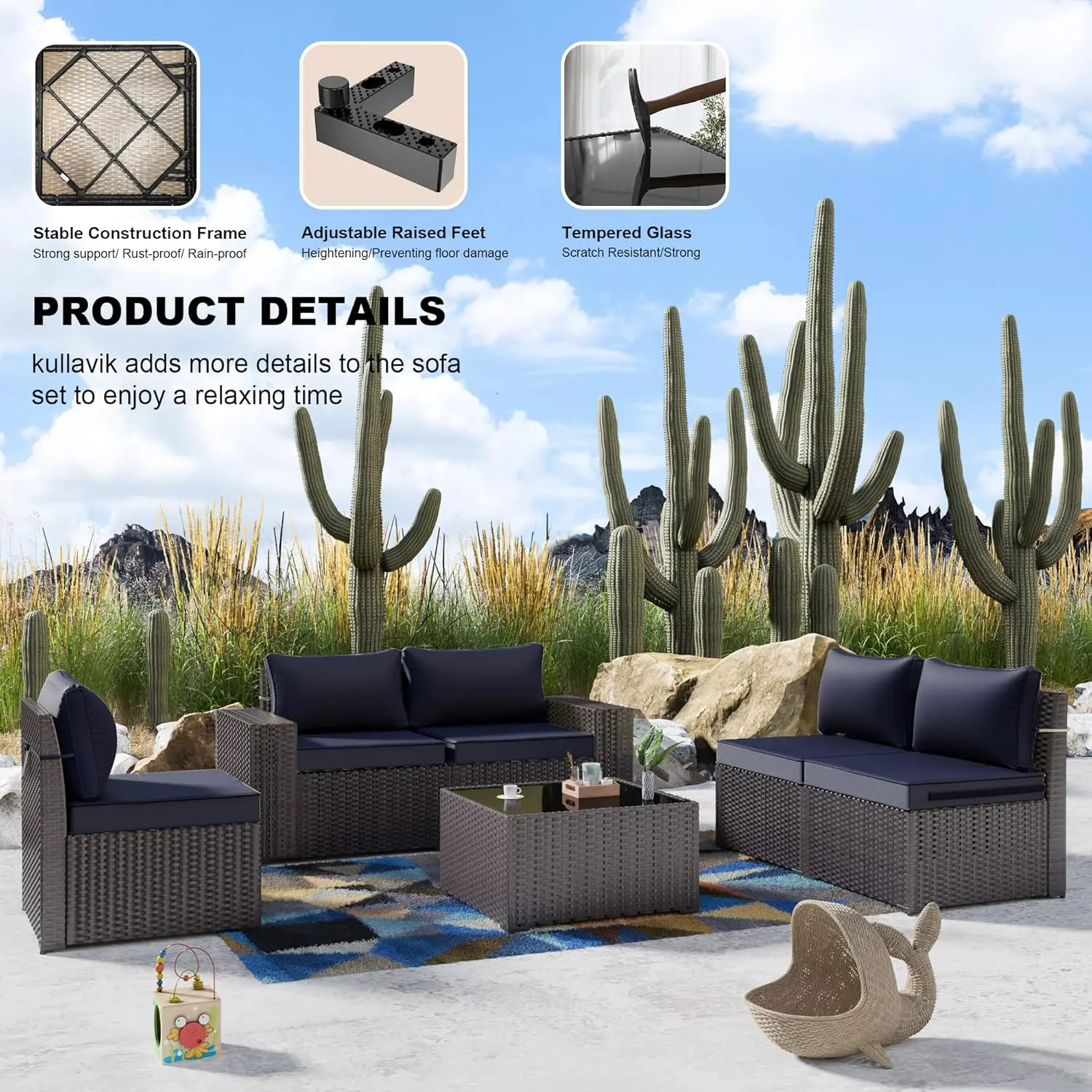 Outdoor Patio Furniture Set 6 Pieces Sectional Rattan Sofa Set with 5 Navy Blue Seat Cushions and 1 Tempered Glass Table