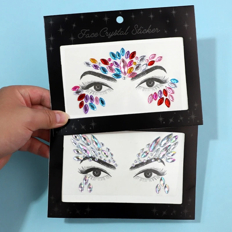 ملصقات وجه من الراتنج البيئي ملونة من حجر الراين، ملصقات ذاتية اللصق لامعة للجسم لحفلات المهرجانات، تبادل لاطلاق النار، سهلة الإزالة