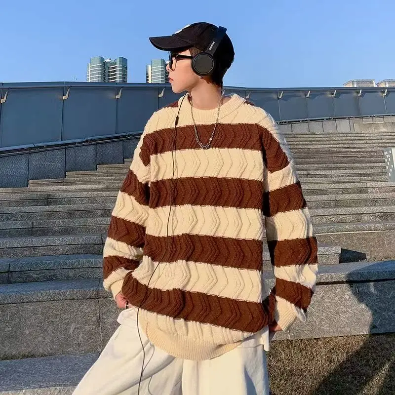 سترة رجالية فضفاضة محبوكة للخريف والشتاء، مقاس كبير يصل إلى 35 كجم، بنمط كوري مخطط، سترة كاجوال للزوجين #5