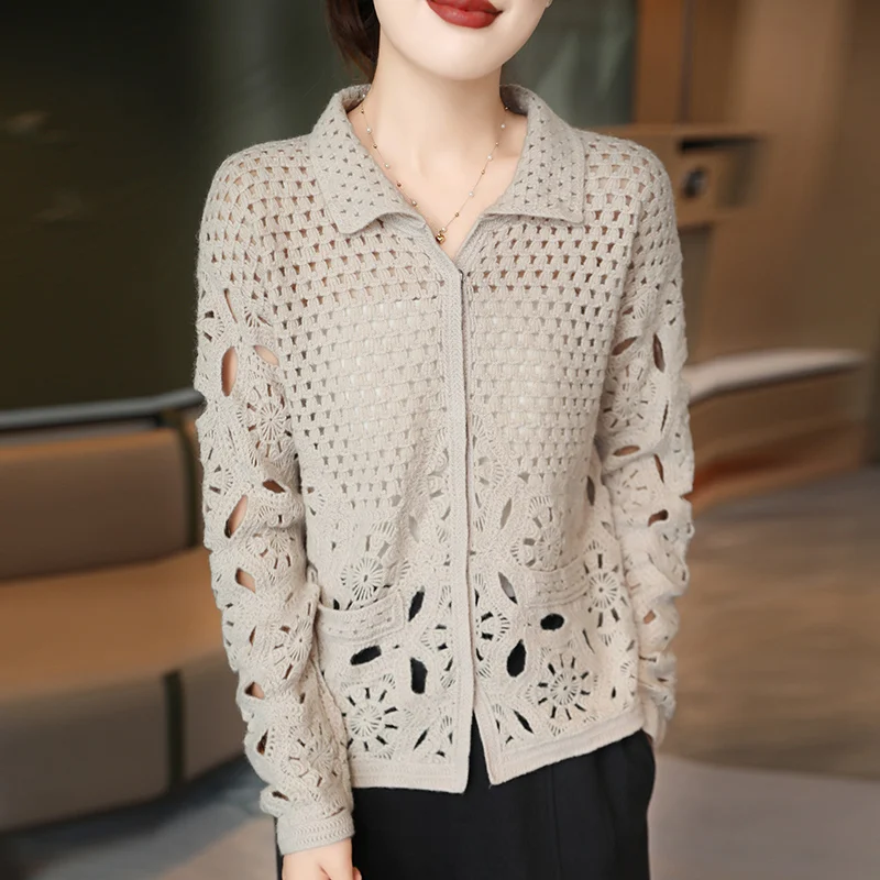 Embroidered Hollow Pure Wool Knitted Cardigan Women\'s Lapel Loose Fashion Casual Single-Breasted Long-Sleeved Coat JQ324