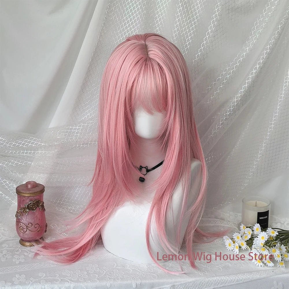 Pink Synthetic Wig with Bangs High-Layered Long Straight Wig for Women Daily Cosplay Wig Lolita Layered Wigs Heat Resistant