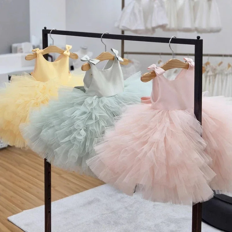 Elegant Wedding Flower Baby Girls Birthday Tulle Dress Children Vestido Birthday Party Flower Princess Dresses Cake Tutu Gown