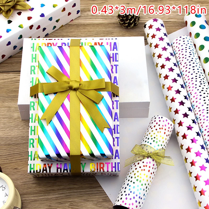 Happy Birthday Wrapping Sheet Rolls Bright Colorful Stars Circle Christmas Wrapping Paper Rolls For Party Gifts Decor