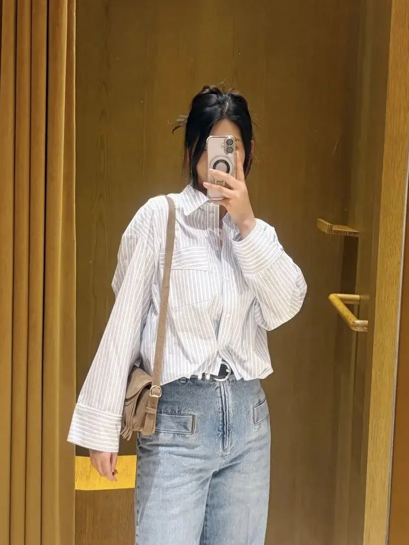 

Spring/Summer Women Turn-down Collar Striped Contrast Color Long Sleeve Shirt Single-Breasted Loose Elegant Casual Blouse