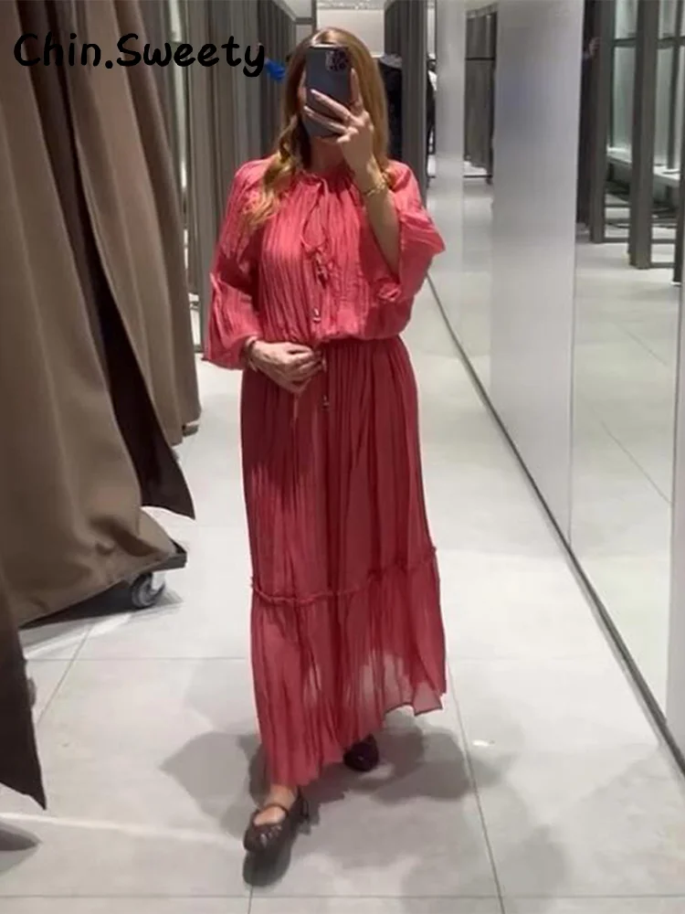 

Fashion Lace Up Long Pleated Skirt Set Women Loose V-neck Full Sleeve Top A-line Skirts 2025 Spring Summer Lady High Street Suit