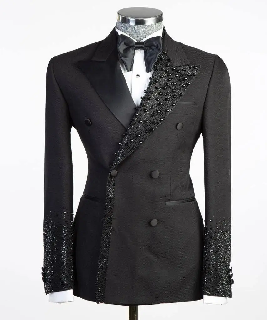 

Formal Wedding Men Suits Set 2 Piece Black Blazer+Pants Custom Made Crystals Jacket Trousers Luxury Business Groom Tuxedo Coat