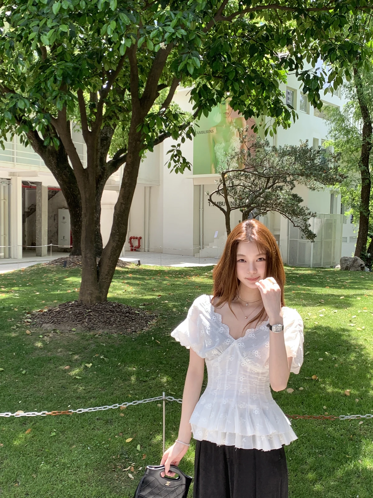 

LXLILIUM Paris Girl White V-ne Women's Top Summer Multi-layer Cake Ruffle Design Breathable Cotton Bubble Sve irt