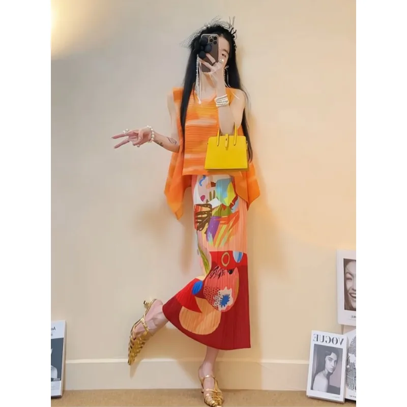 

Новый женский летний модный костюм: блузка и плиссированная юбка А-силуэта с принтом, завышенной талией, стройнящая, удобная, минималистичная, универсальная