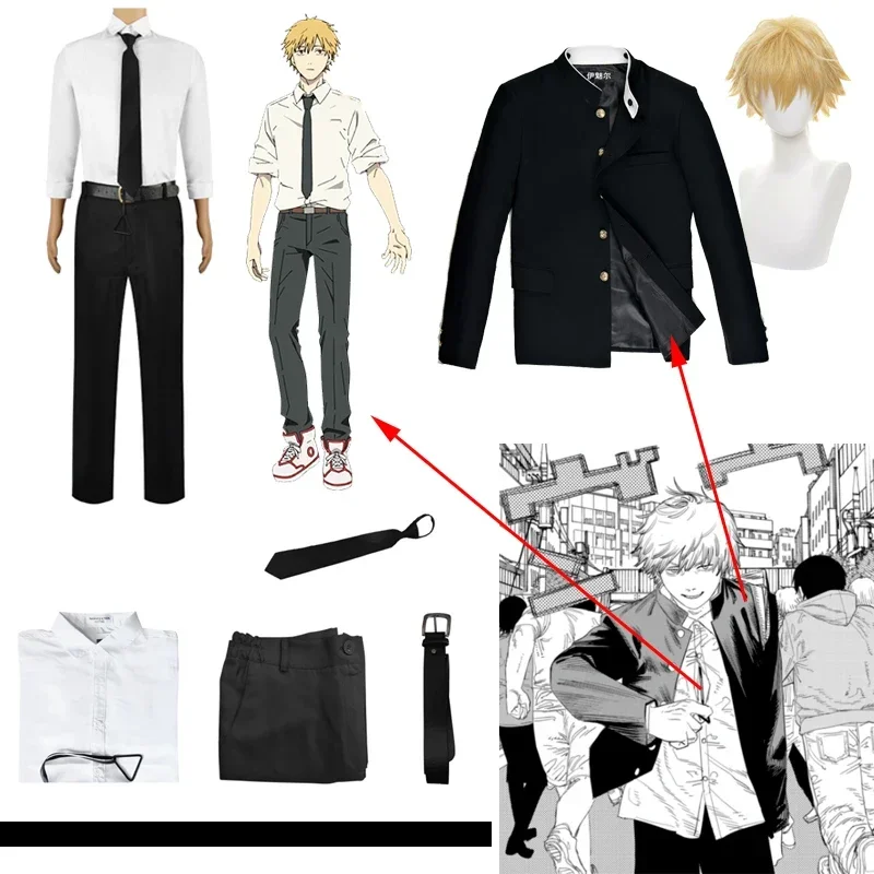 Anime Chainsaw Man Denji Cosplay Costume Wig Devil Hunter Uniform Uniform Shirt Tie Pants Coat Suit Halloween Party for Men PA32