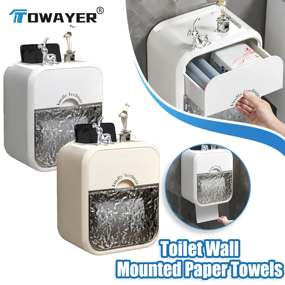 Wall Mounted Tissue Box Bathroom Waterproof Shelf with Hooks No Trace Paste Wall Use For Bathroom Toilet Bedroom Living Room