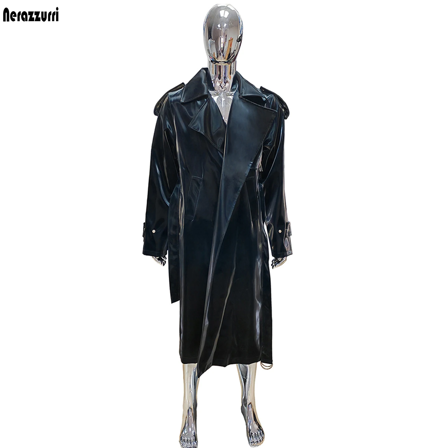 Nerazzurri Autumn Long Oversized Luxury Reflective Shiny Black Pu Leather Trench Coat Men Sashes Loose Waterproof Rain Coat 2026