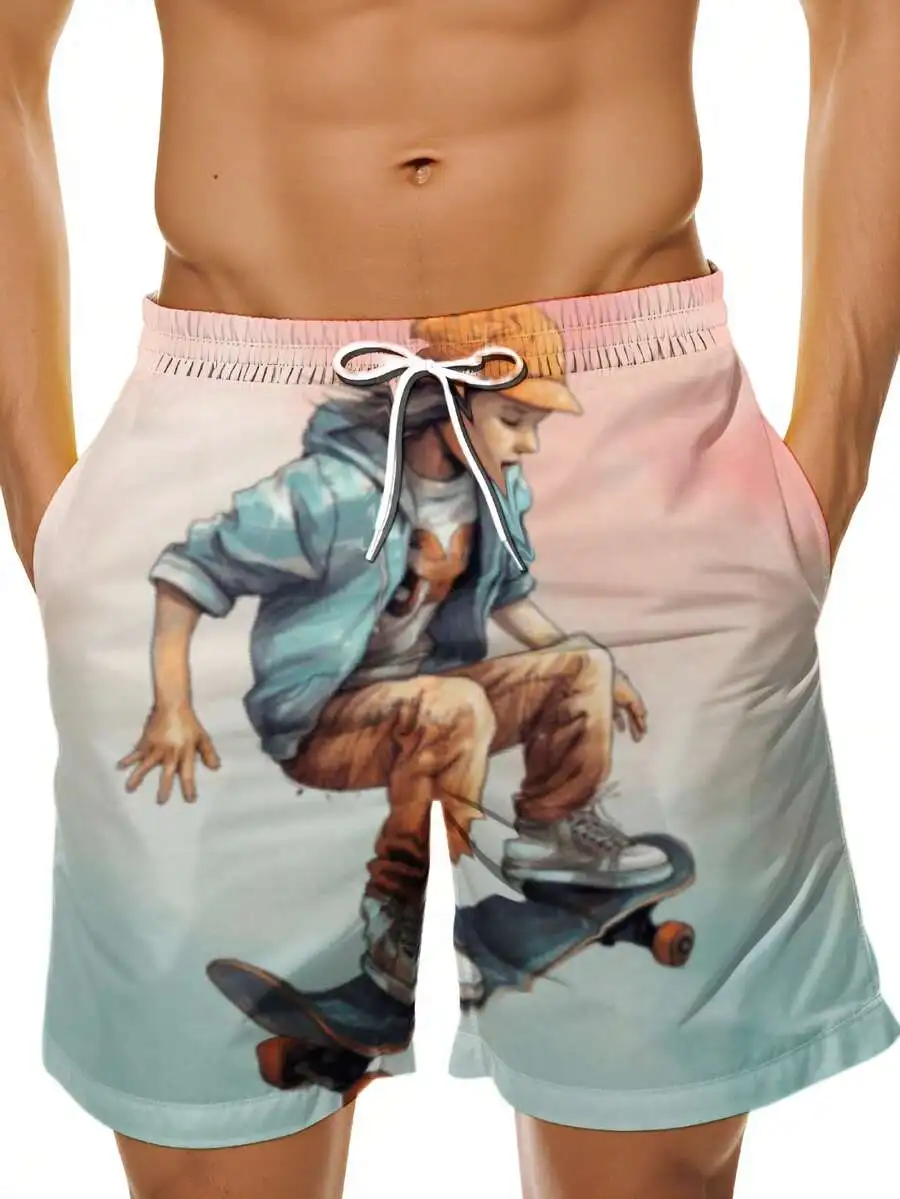 

Skateboarder Graphic Print Mens Quick Dry Board Shorts Summer Beach Wear