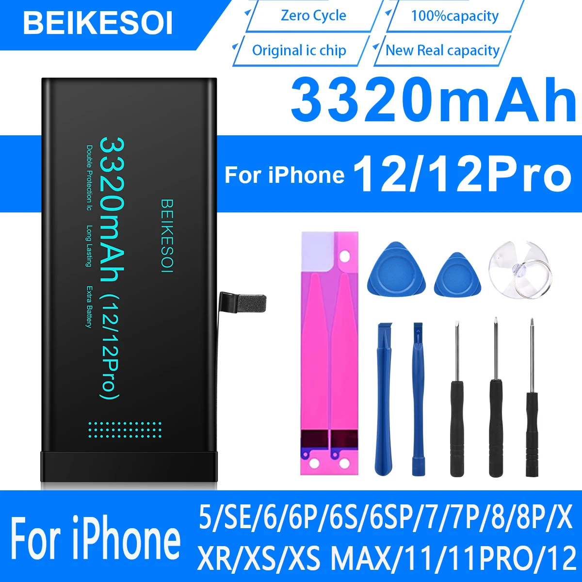 BEIKESOI-Original IC Chip Battery for iPhone 12 12 PRO, High Capacity Lithium Polymer Replacement Bateria with Repair Tool