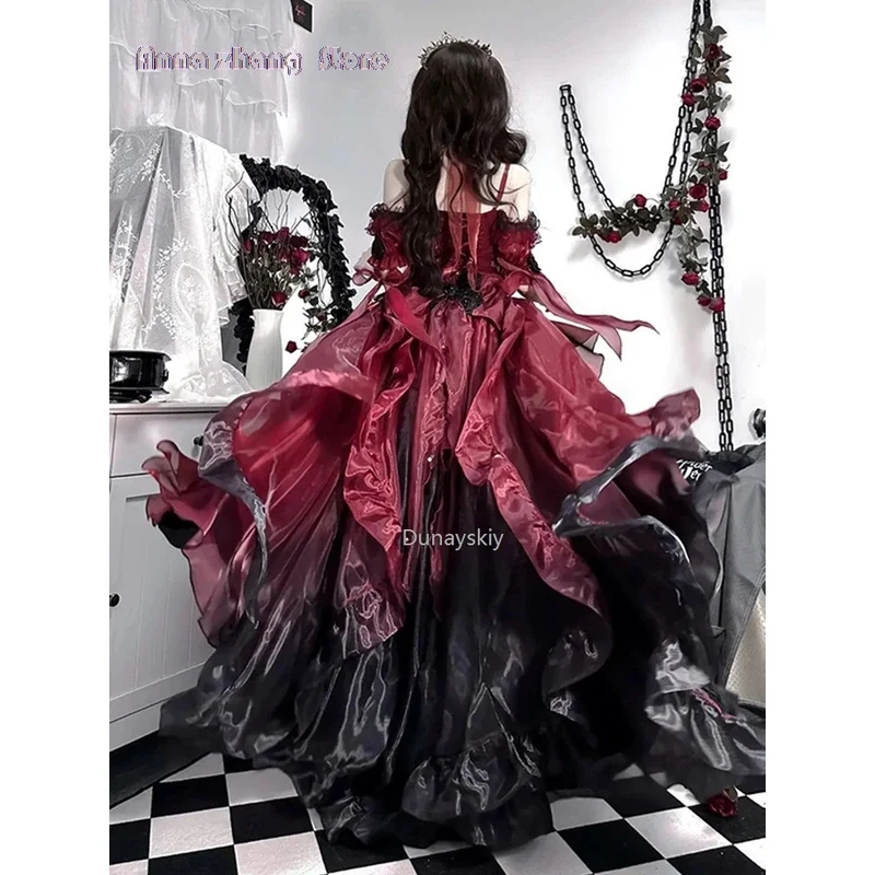 Dark bride red flower wedding dress cos lolita dress suit Lolita heavy industry Trail puffy princess dress, Lolita cosplay