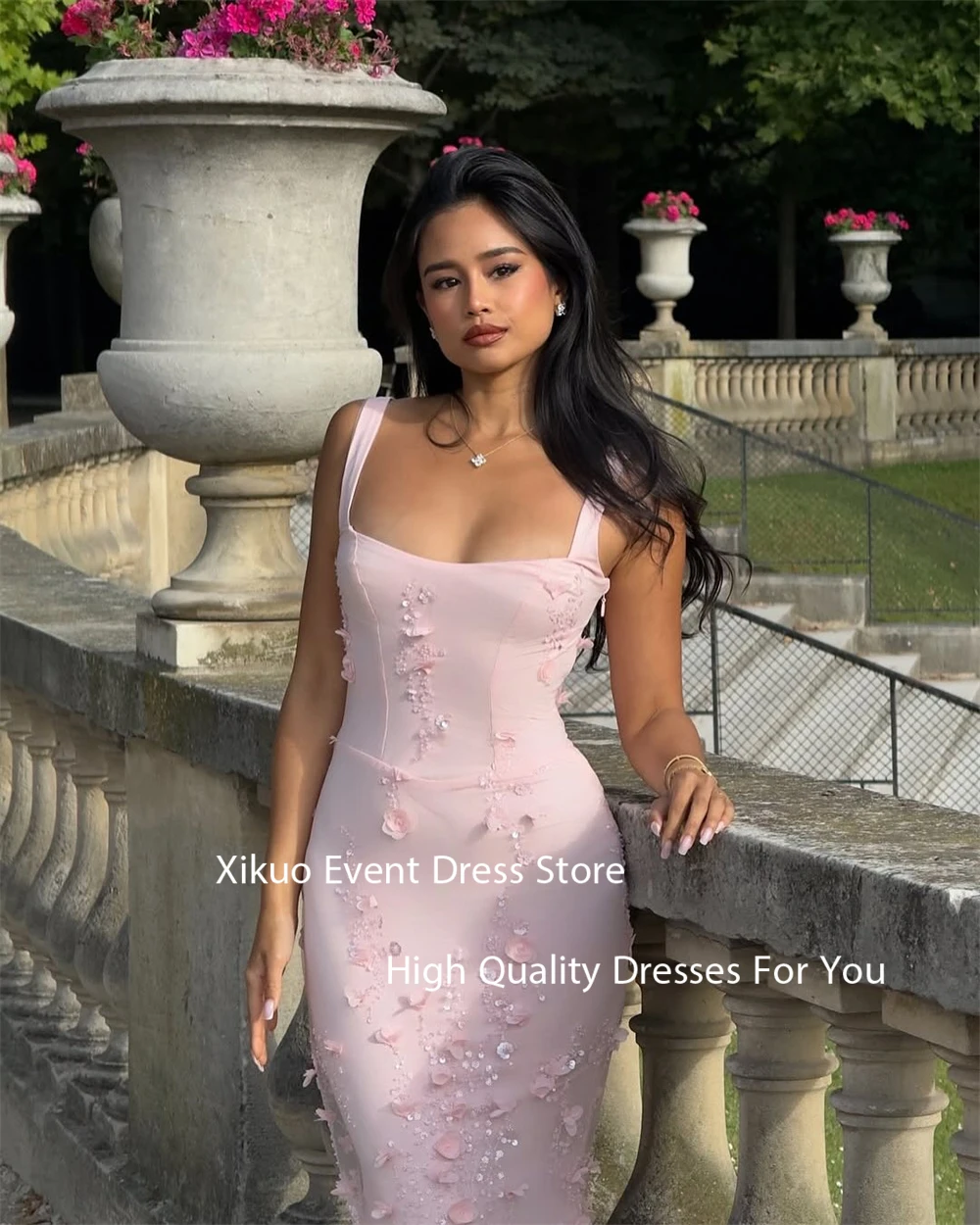 Xikuo Fairy Pink Satin Evening Gowns Long Mermaid Robe Cocktail Femmes 3D Flowers Spaghetti Strap Party Prom Dresses Customized