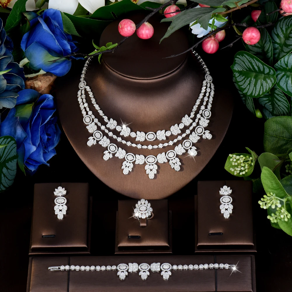 HIBRIDE Dazzling Luxury 3-Tier Necklace Earrings Bracelet 4-Piece Women's Jewelry Set for Dubai Wedding Dance Gift S-982