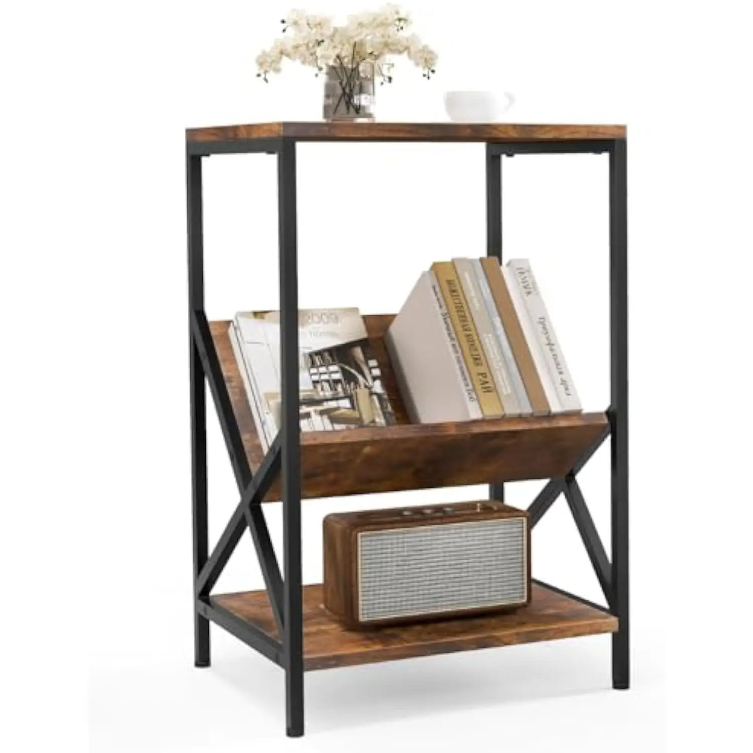 

3-Tier End Table, Industrial Sofa Side Table with 2 Storage Shelves and V-Shaped Magazine Holder, Small Nightstand, Bedside Ta