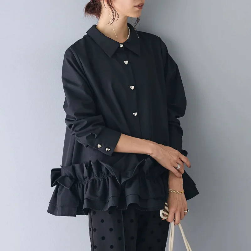 Heart Button 2024 Woman Shirts & Blouses Patchwork Ruffles Ropa Mujer Laple Neck Long Sleeve Blusas Japan Camisas Autumn Blusa