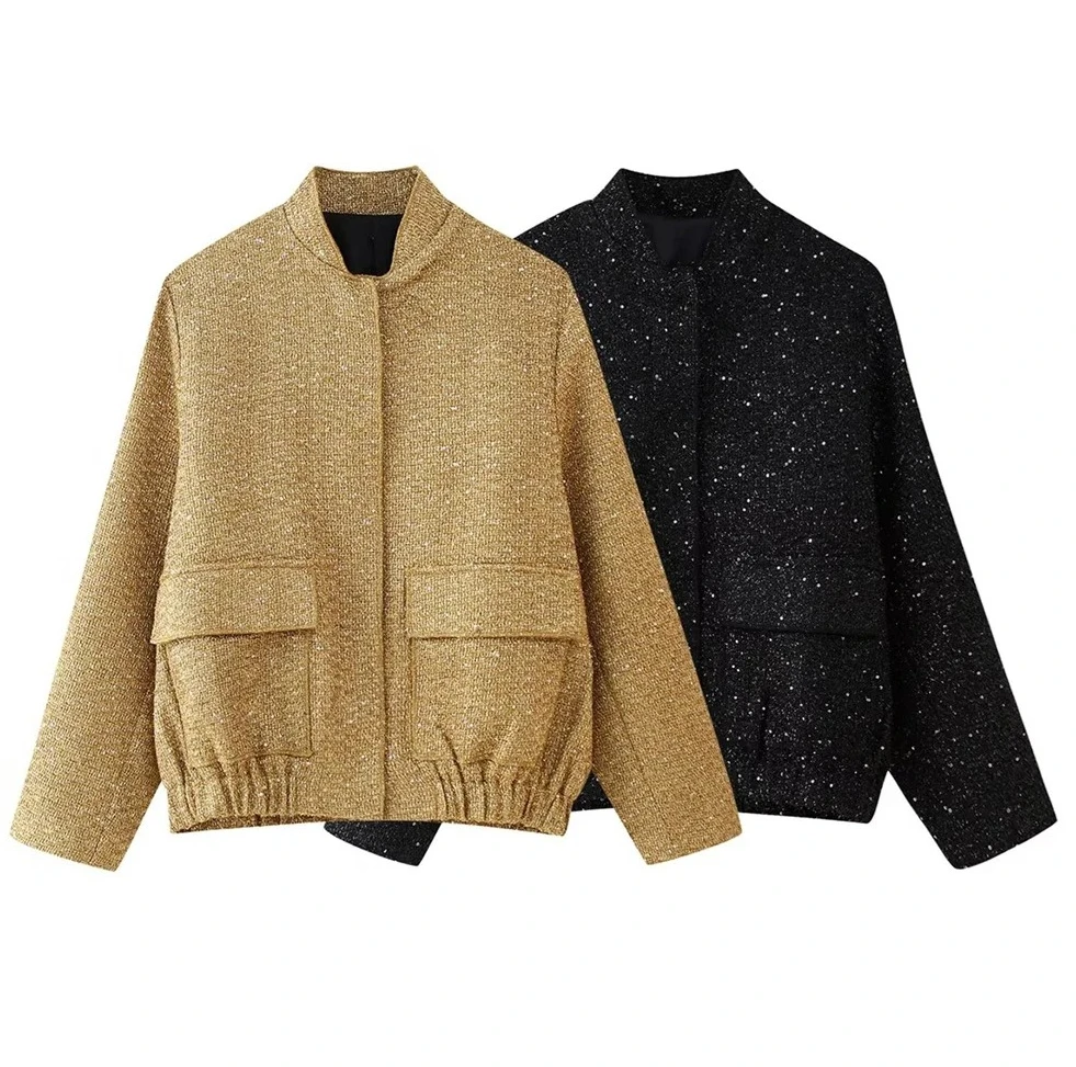 

Autumn New Women's European and American Style Fashion Niche Pocket Decoration Glitter Jacket Coat