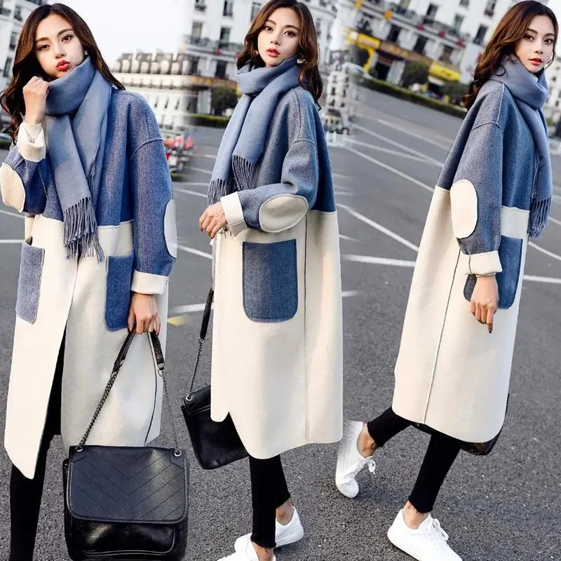 Woolen Coat 2023 Autumn/Winter New Korean Version Popular female Jacket Woolen Coat Women\'s Mid length Over Knee Splice Commuter