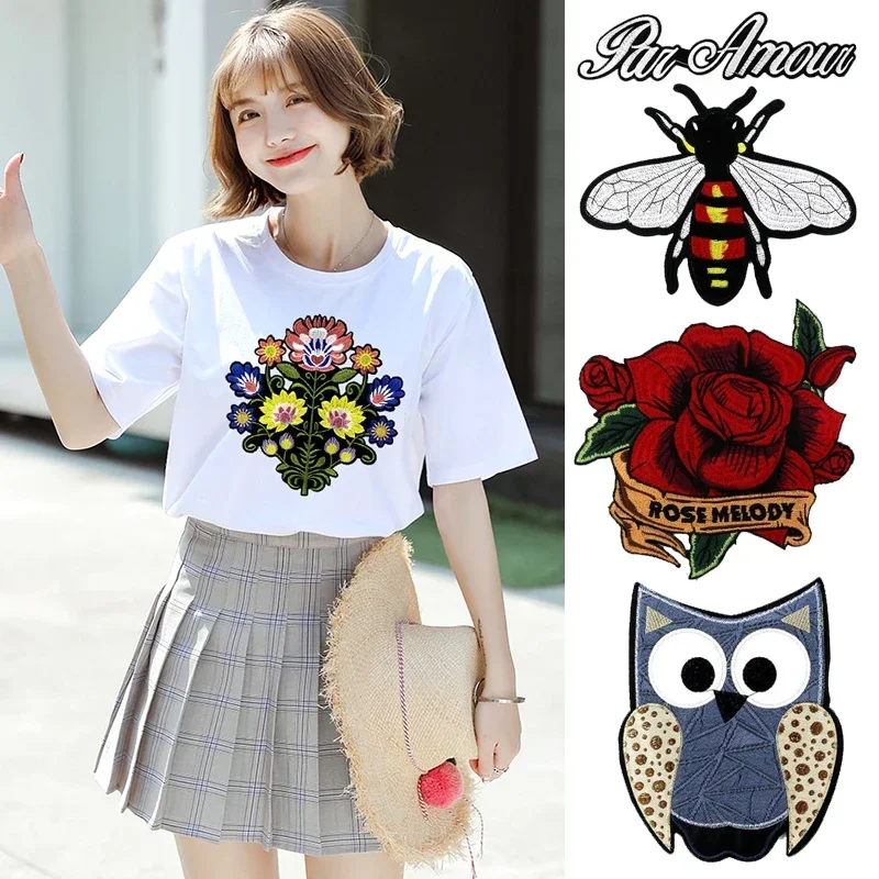 Large Embroidery Big Patch Bee Owl Tiger Flower Fox Animal Cartoon Patches Badges Appliquees for Clothing VP-918