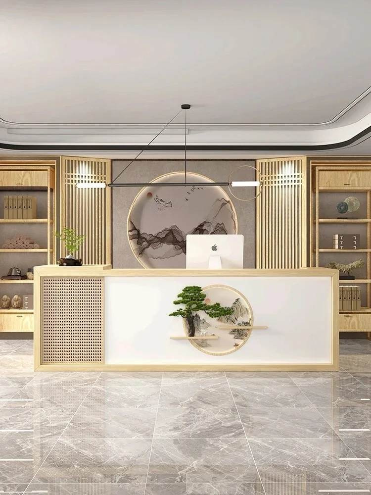 

New Chinese style checkout page Hotel Hotel Teahouse Solid Wood Health Center Clothing Store Wabi Sansi Wind Reception Desk
