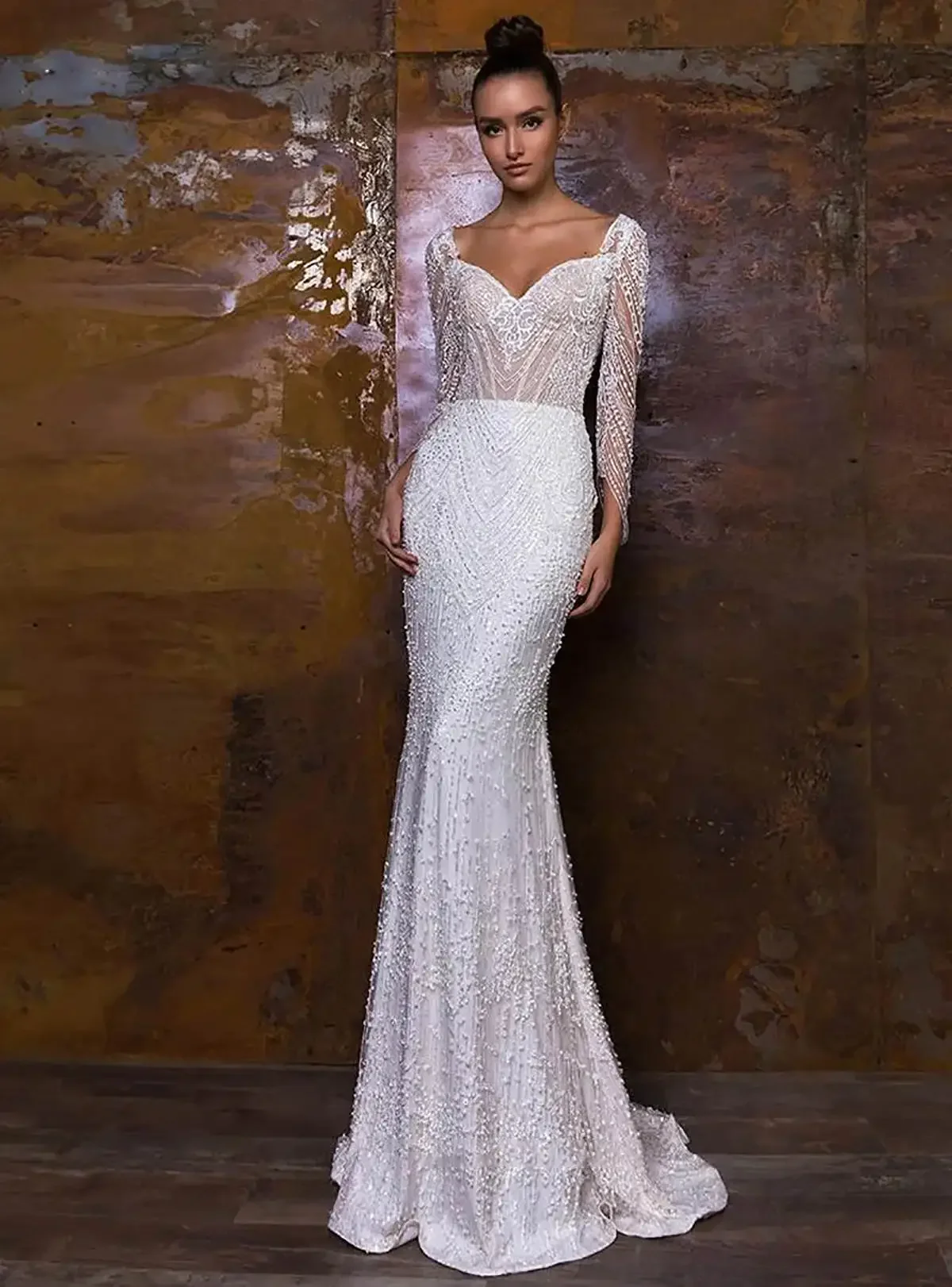 Customize Luxury Mermaid Wedding Dresses For Women Sweetheart Neck Long Sleeves Bridal Gown Sequins Detachable Train Dress