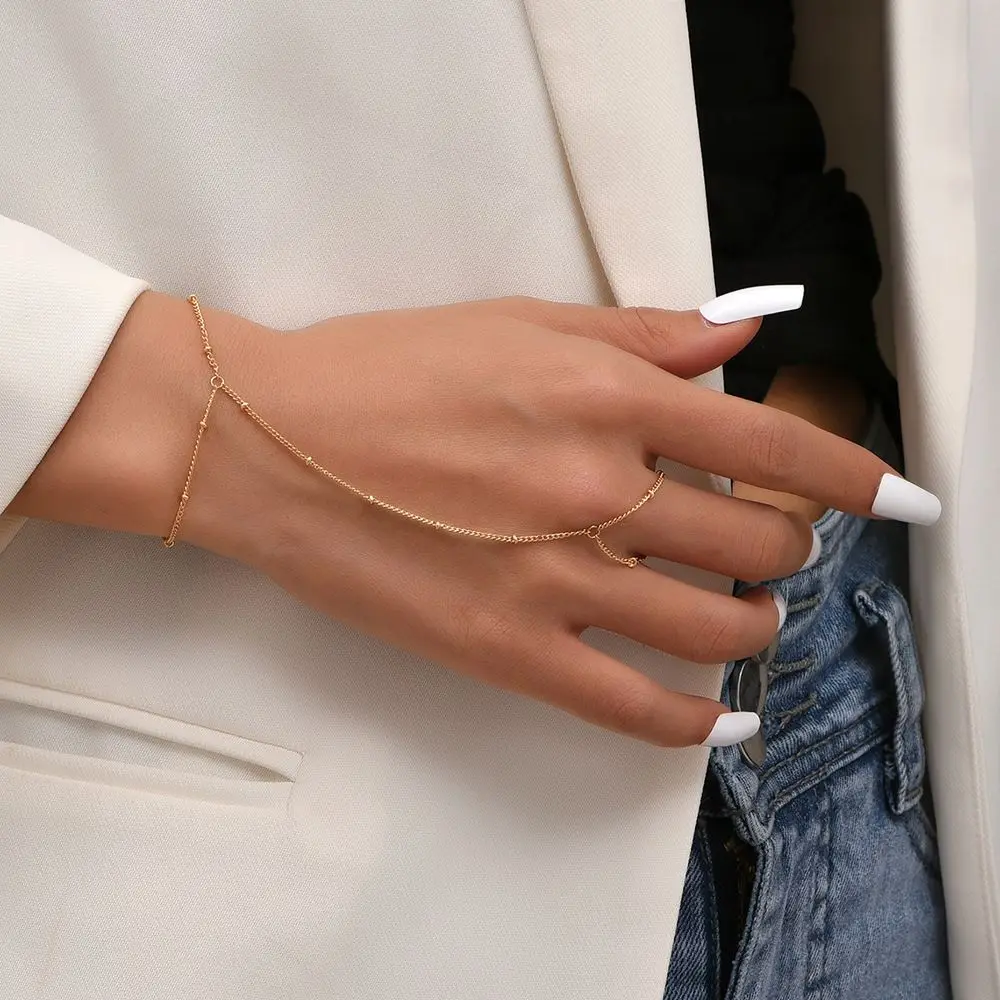 Boho Simple Layered Wrist Chain Tassel Finger Ring Bracelet Linked Finger Slave Chain For Women Link Hand Harness Bangle Jewelry