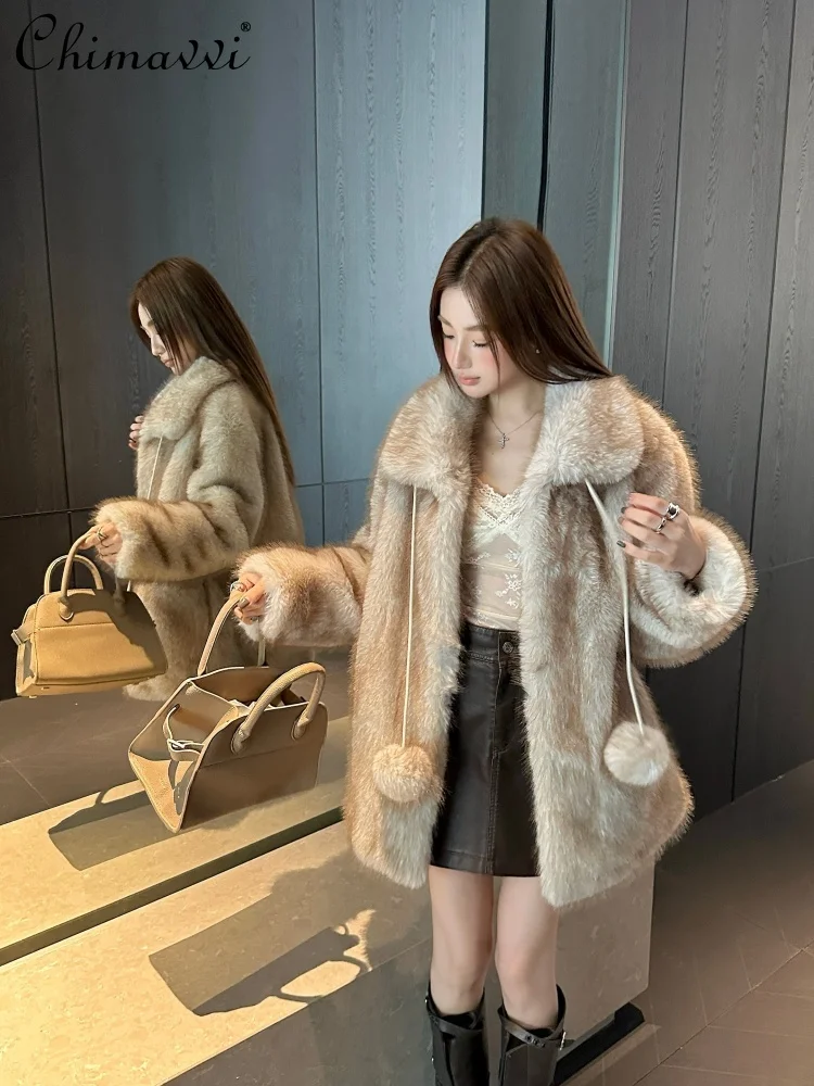 الراقية تقليد الثعلب الفراء ساحة طوق منتصف طول معطف الفرو شتاء موضة جديدة طويلة الأكمام فضفاضة الدافئة أنيقة الفراء سترة النساء