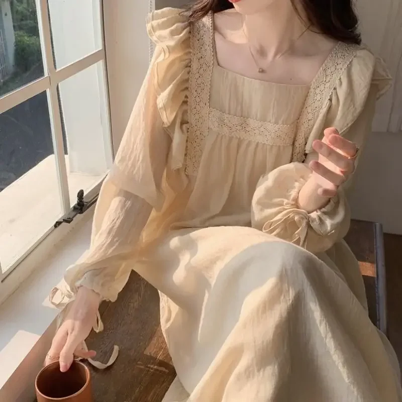 Vintage Women\'s Sleepwear Princess Dress Royal Style Cotton Square Neck Pajamas Sleepshirts Hollow out Lace Nightgowns Nightwear