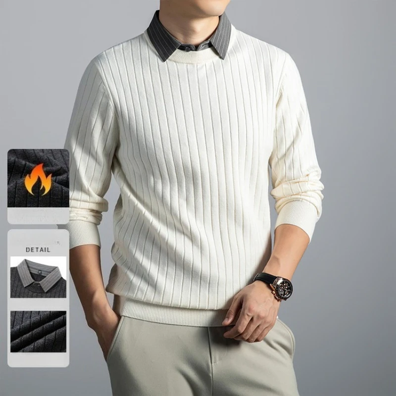 

Мужской искусственный двухслойный вязаный свитер с воротником-рубашкой - кремово-белый (бежевый/черный/синий/светло-серый/темно-серый) на флисовой подкладке, зимний теплый