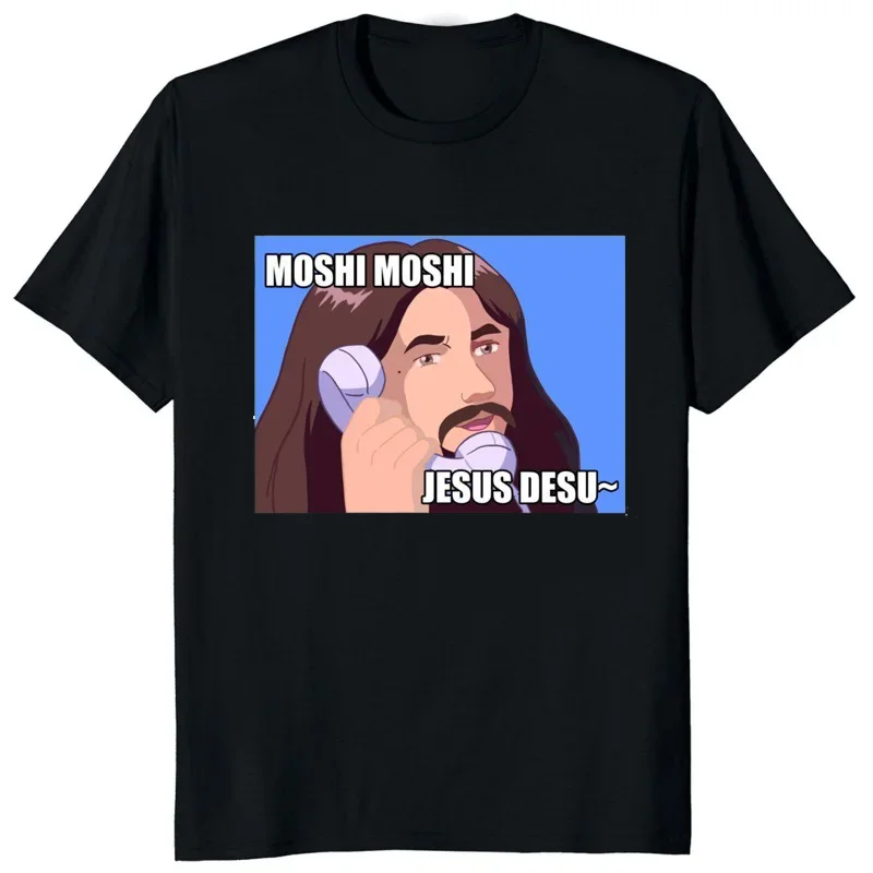 Moshi Moshi Jesus Desu Funny T-shirt Men T Shirt Short-sleev Breathable T-shirts Casual Tops Pattern Roupas Masculinas Koszulki