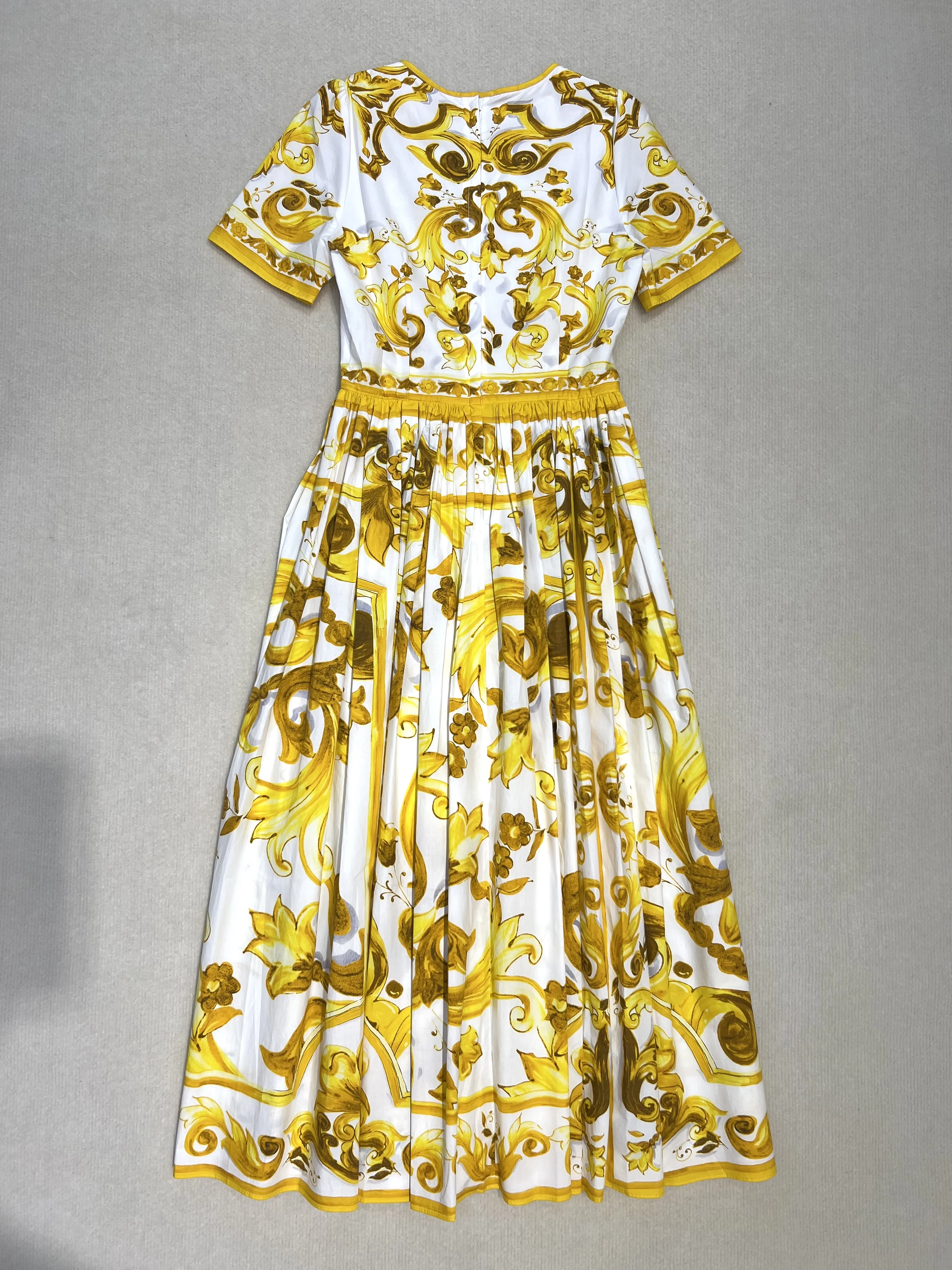 Women's Retro Yellow Porcelain Print Dress, 100% Cotton, Sexy, Short-Sleeved, Summer Style, 2024