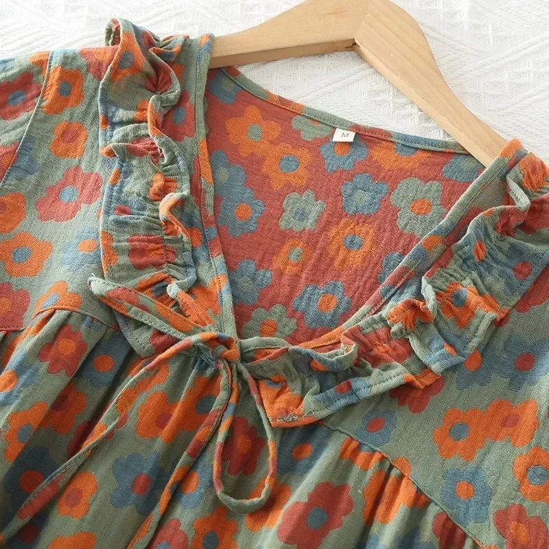 Pyjama à manches courtes teint en fil pour femmes, robe à col en V, dentelle, imprimé nuit, maison, vintage, mince, été, quelle que soit, 2023