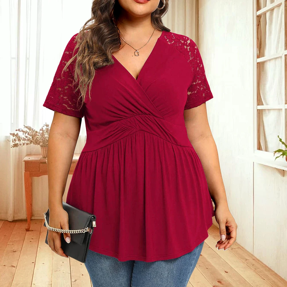 Plus Size XL-5XL T-shirt For Women Summer Casual V-neck Lace Spliced Solid Color Pleated Raglan Short Sleeve Elegant Tops Female