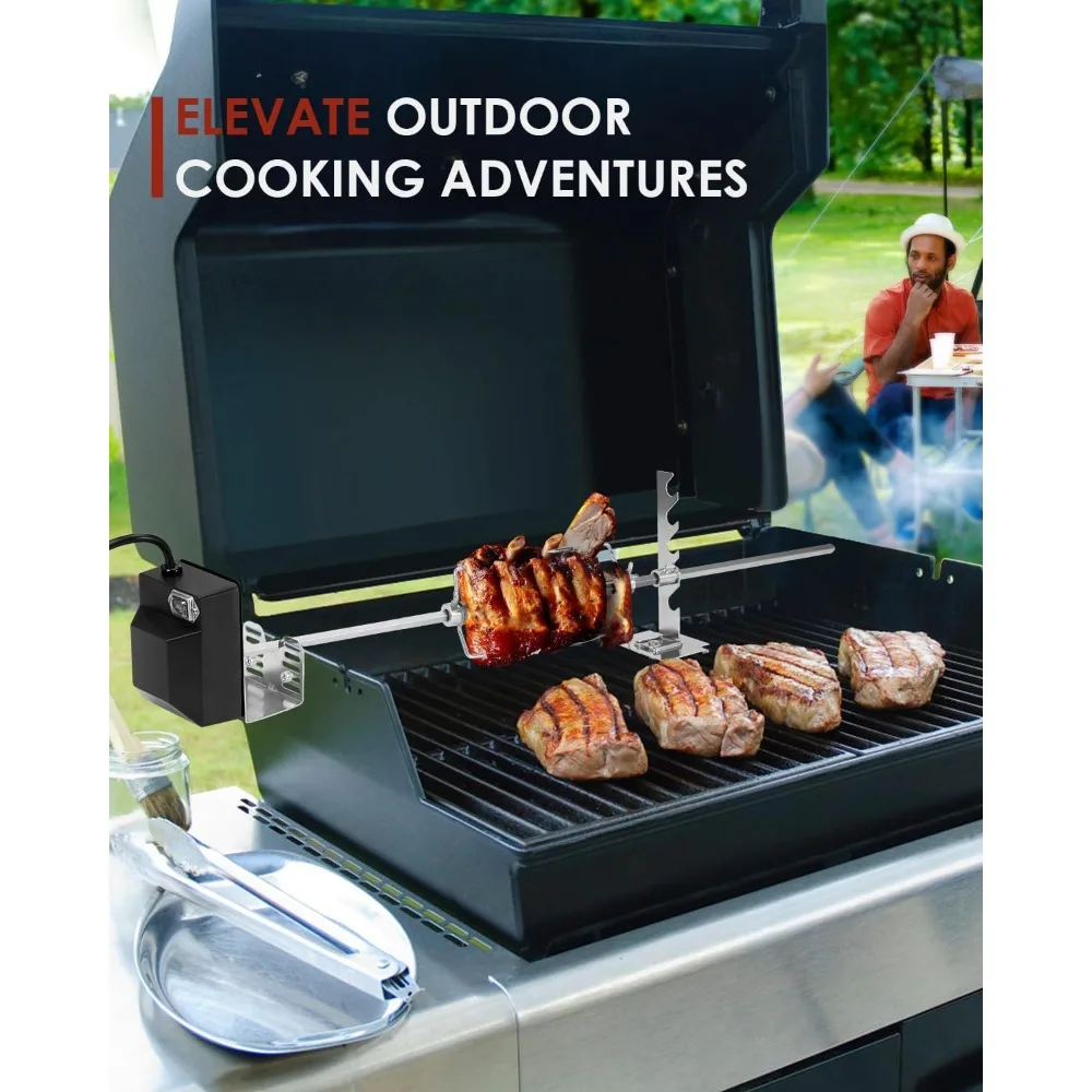 شواء دوار تلقائي، مع محرك 120 فولت 4 وات، وقضيب يبصقون 28 بوصة، وشوكة 2 × 4 وحوامل كاملة، ومسمار تثبيت للفناء الخلفي والخارجي