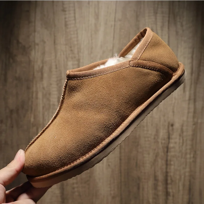 

Winter Snow Boots Men's Shoes Wool Warm Genuine Leather Slip on Loafers Male Cowhide Thick Plush Ankle Boots Male Fur