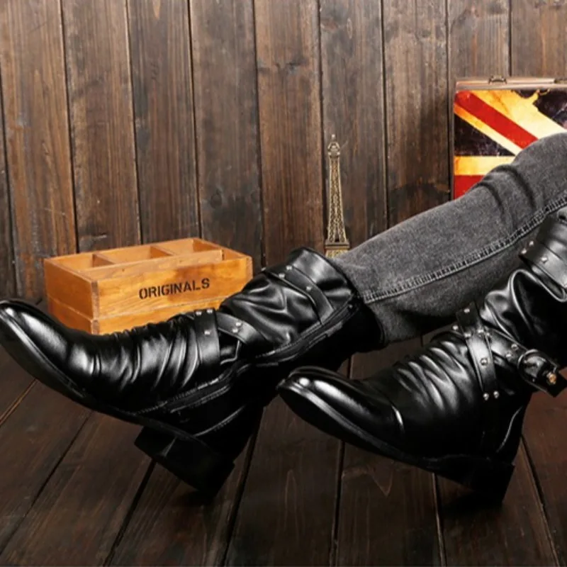 Platform Boots for Men British Pointed High-end Feeling,niche Cool Boots Belt Buckle with Thick Heel Design for Knight Men Boots