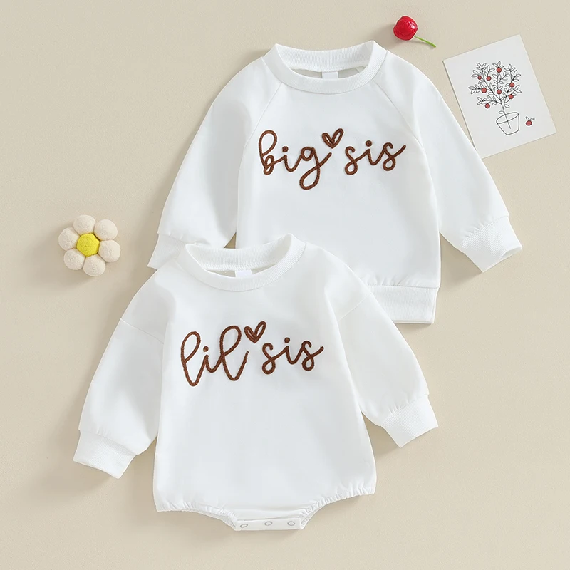 1PC Sister Brother Matching Romper Outfits Letter Print Long Sleeve Round Neck Sweatshirt Tops Toddler Spring Fall Clothes