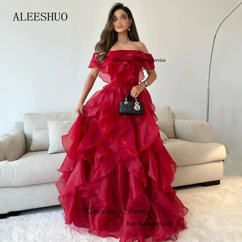 Aleeshuo Muslim Elegant Organza Prom Gowns Sleeveless Evening Dresses Saudi Arabic Ruffles Off The Shoulder Party Robe de soirée